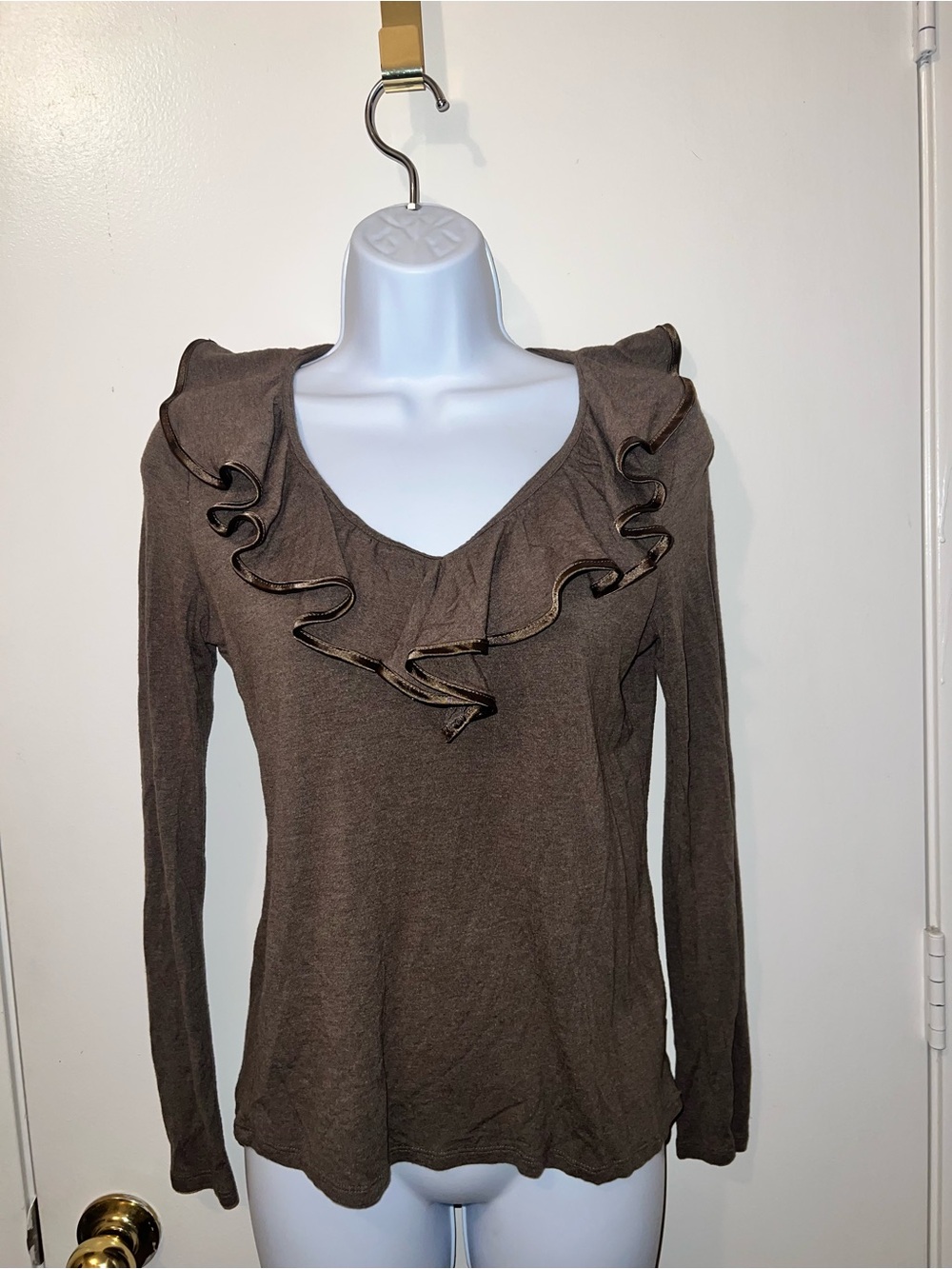 Ralph Lauren Womens Ruffle V-Neck Long Sleeve Top - Brown